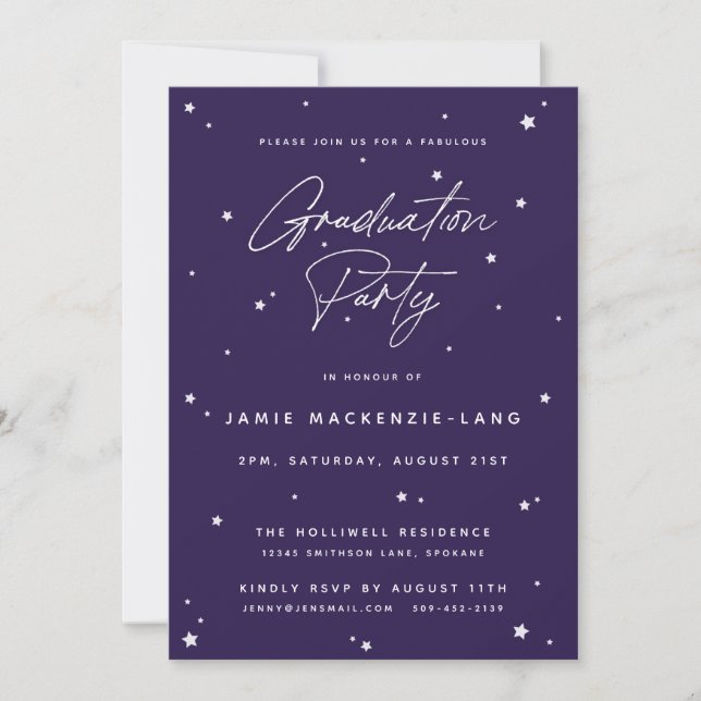 Invitation Élégante Purple Script et Stars Graduation Party (Devant)