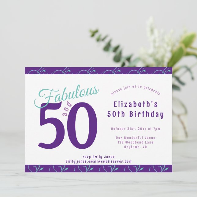 Invitation Élégante Purple Turquoise 50e fête d'anniversaire (Debout devant)