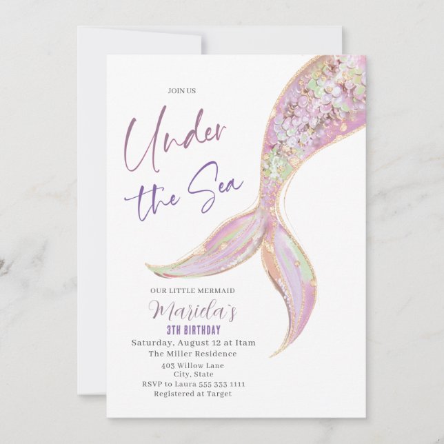 Invitation Elégante Queue de sirène d'aquarelle sous 3e anniv (Devant)