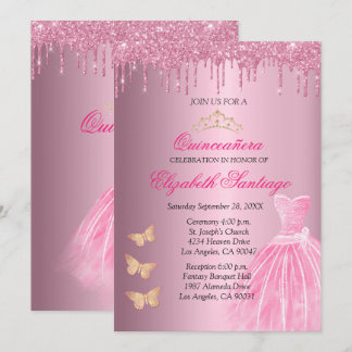 Invitation Elégante Quincañera Parties scintillant rose et or
