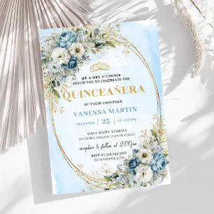 Invitation Élégante Quince Dusty Blue Or Vert Foncé 