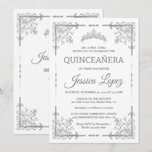 Invitation Elégante Quinceanera blanche et grise