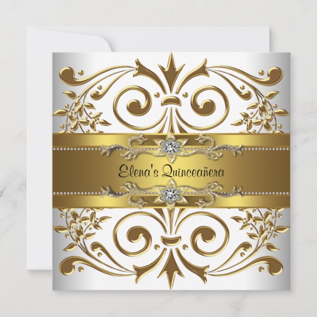 Invitation Elégante Quinceanera blanche or (Devant)