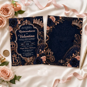 Invitation Élégante Quinceañera Bleu Nuit Paillettes Or Rose