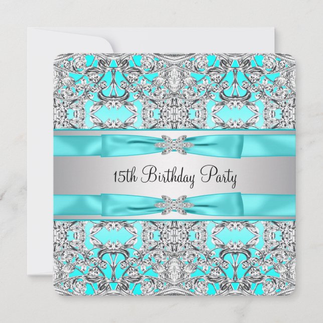 Invitation Elégante Quinceanera bleu Turquoise argent (Devant)
