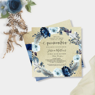 Invitation Elégante Quinceañera Bleue et Or, Floral