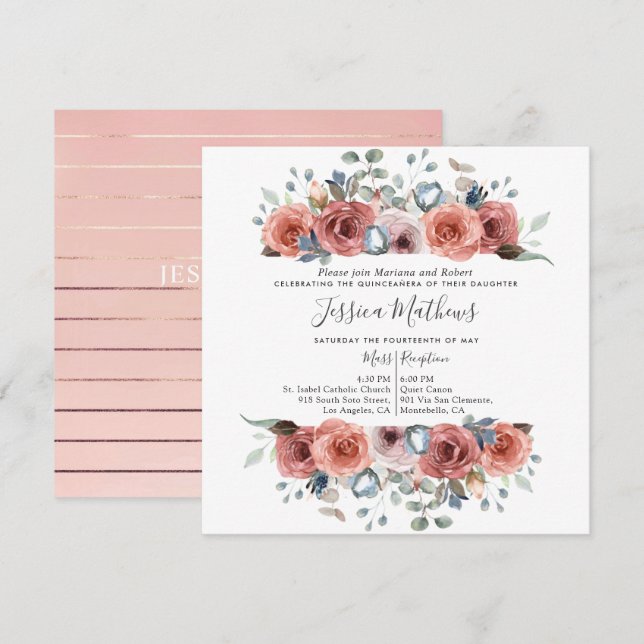 Invitation Elégante Quinceanera, Blush et Dusty Blue Floral (Devant / Derrière)