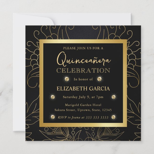 Invitation Élégante Quinceanera botanique noire et or (Devant)