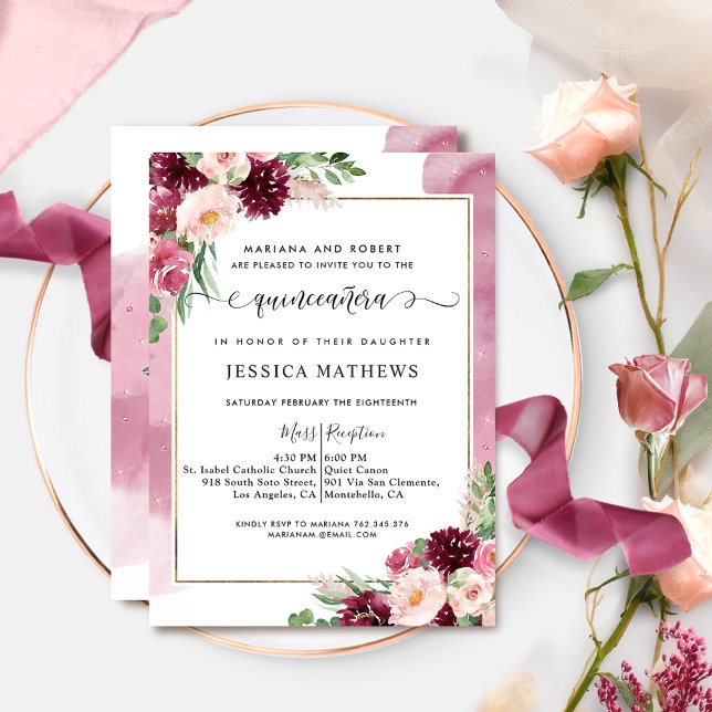 Invitation Elégante Quinceañera Bourgogne Blush Pink Floral (Créateur téléchargé)