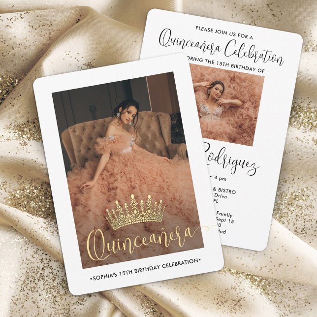 Invitation Elégante Quinceañera Couronne Moderne 2 Photo Blan (Créateur téléchargé)