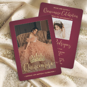 Invitation Elégante Quinceañera Crown Modern 2 Photo Bourgogn
