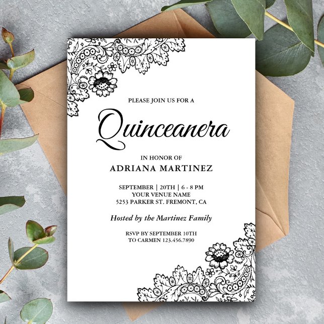Invitation Elégante Quinceanera dentelle noire et blanche (Créateur téléchargé)