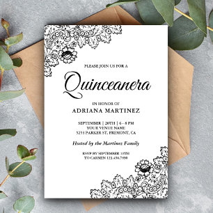 Invitation Élégante Quinceanera en noir et blanc en dentelle