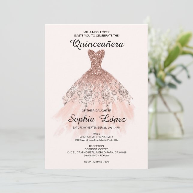 Invitation Elégante Quinceañera espagnole Mis Quince Rose ros (Debout devant)