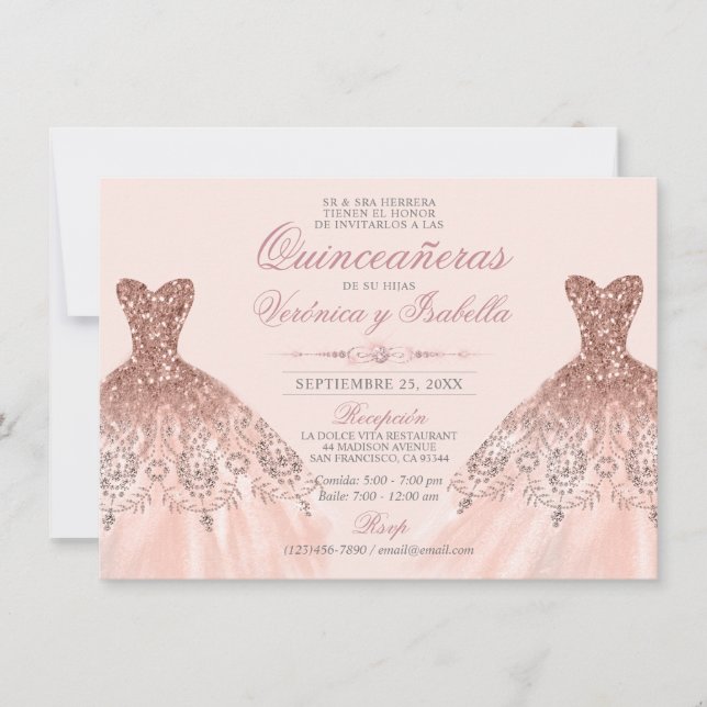 Invitation Elégante Quinceañera espagnole Quince Rose Twins (Devant)