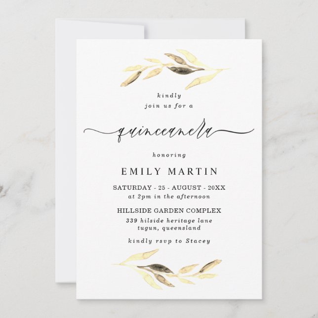 Invitation Élégante Quinceanera Feuille d'or (Devant)