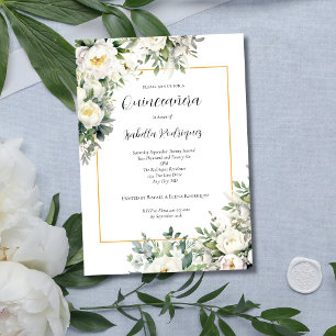 Invitation Élégante Quinceañera Fleur Blanche Bordure Dorée