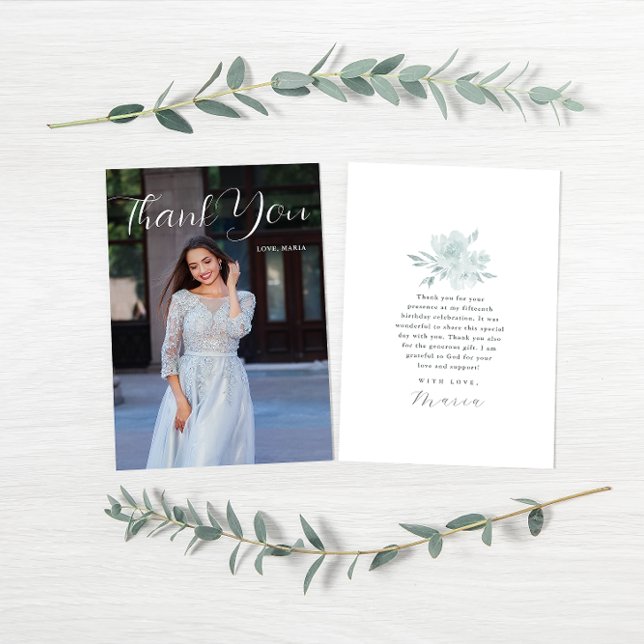 Invitation Elégante Quinceanera Floral Script Merci Photo (Créateur téléchargé)