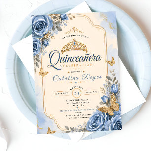 Invitation Élégante Quinceañera Florale Bleue