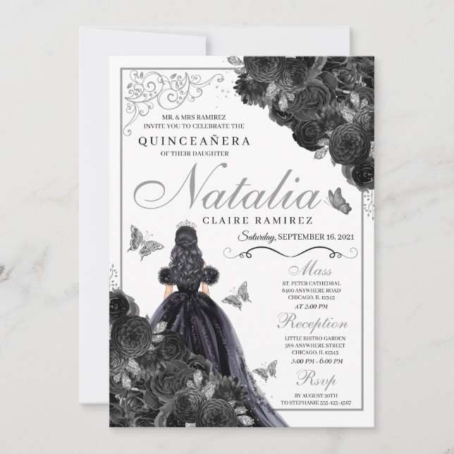 Invitation Elégante Quinceanera florale noire et argent (Devant)