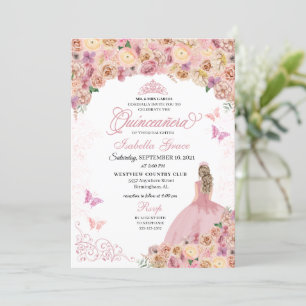 Invitation Elégante Quinceanera Florale Peach Rose Push