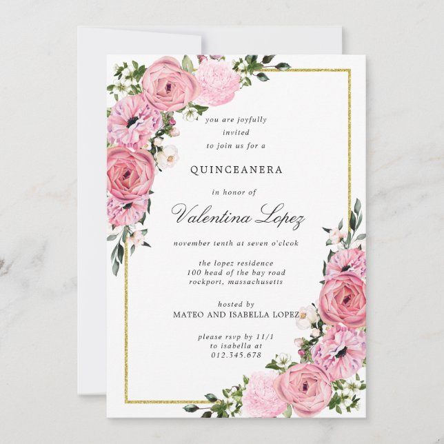 Invitation Élégante Quinceanera Florale Rose (Devant)