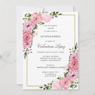 Invitation Élégante Quinceanera Florale Rose