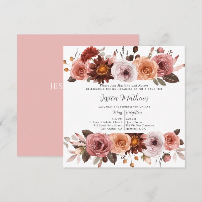Invitation Elégante Quinceañera florale rose et bordeaux (Devant / Derrière)