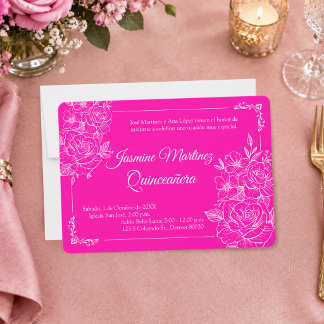 Invitation Élégante Quinceañera Florale Rose Fuchsia et Blanc