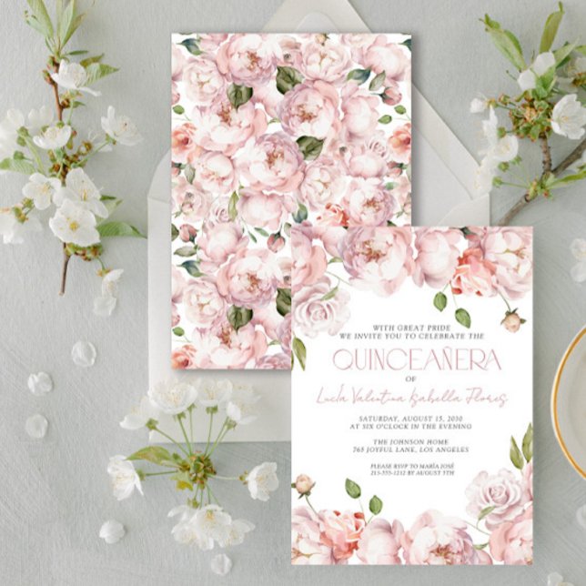 Invitation Élégante Quinceanera florale rose pâle (Créateur téléchargé)