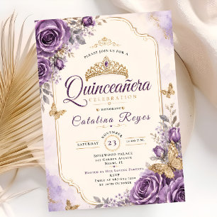 Invitation Élégante Quinceañera Florale Violette