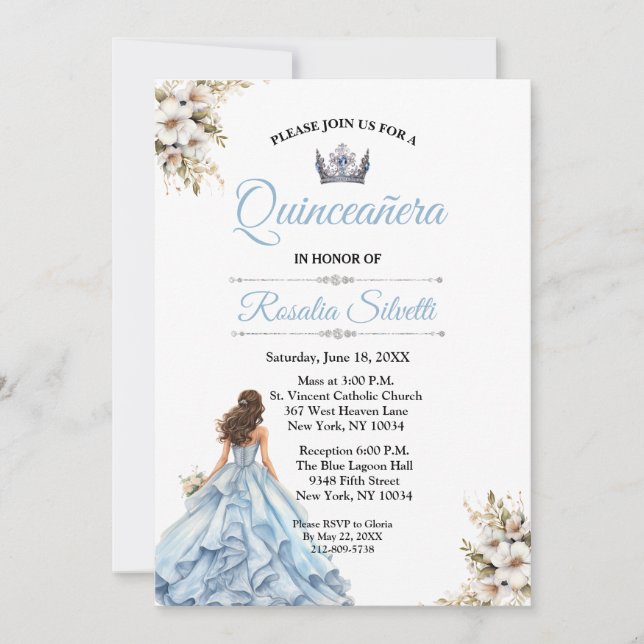 Invitation Elégante Quinceanera moderne bleu et argent (Devant)