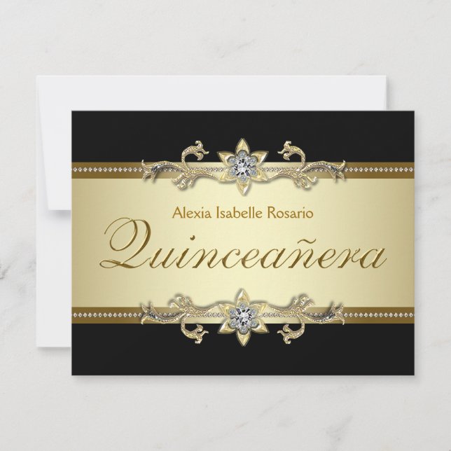 Invitation Elégante Quinceanera Noir et Or (Devant)