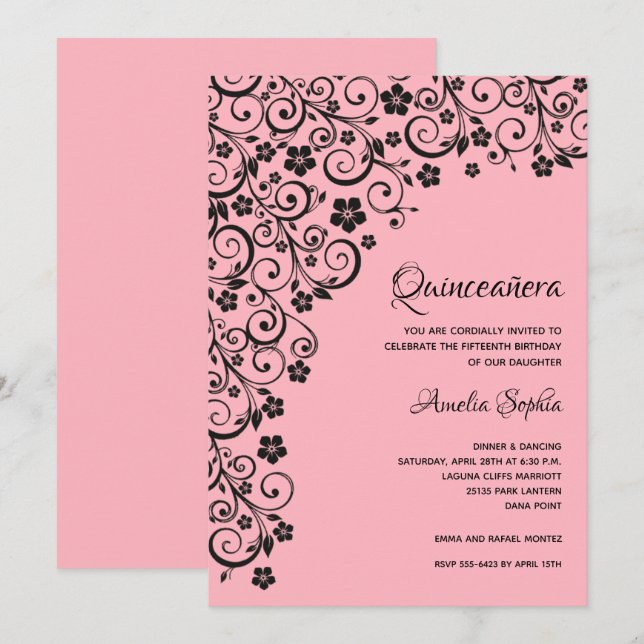 Invitation Elégante Quinceañera Noir et Rose (Devant / Derrière)