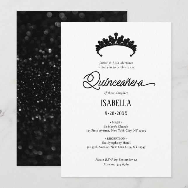 Invitation Elégante Quinceañera Noire & Blanc Glamour (Devant / Derrière)