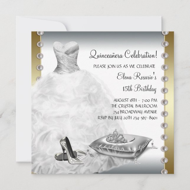Invitation Elégante Quinceanera Or et Blanc (Devant)