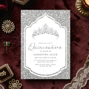 Invitation Élégante Quinceanera Pailletée Argentée