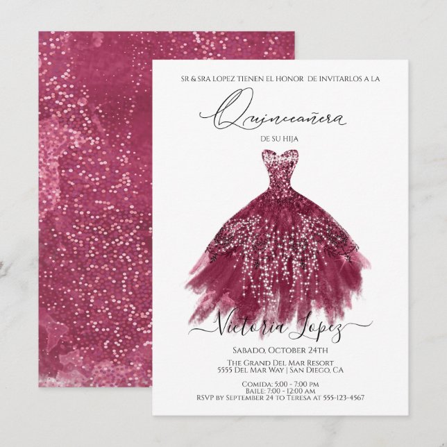 Invitation Elégante Quinceañera Parties scintillant Sparkle E (Devant / Derrière)