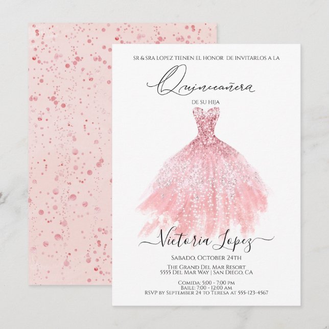 Invitation Elégante Quinceañera Parties scintillant Sparkle E (Devant / Derrière)