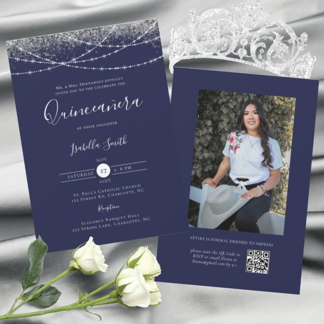 Invitation Elégante Quinceañera Photo Argent Pailleté Bleu (Créateur téléchargé)