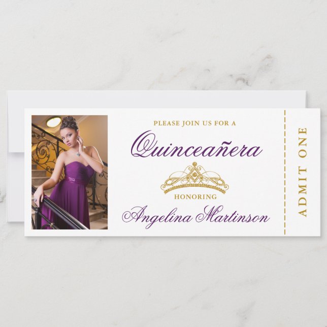 Invitation Elégante Quinceanera photo Billet violet et or (Devant)