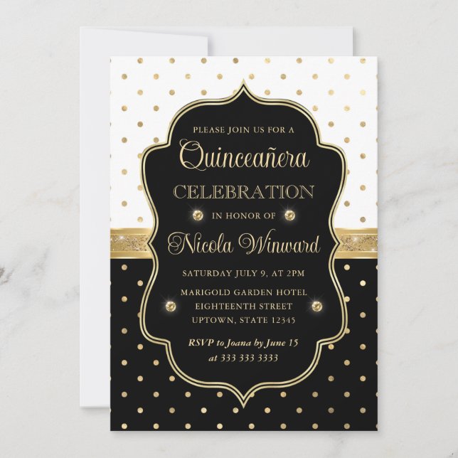 Invitation Elégante Quinceanera Pois noire et blanche (Devant)