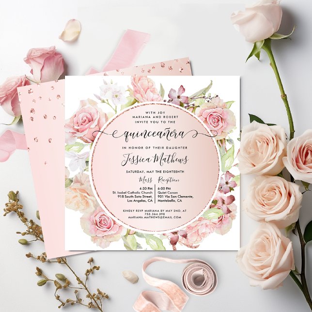 Invitation Élégante Quinceanera rose, Blush, Or Rose Floral (Créateur téléchargé)