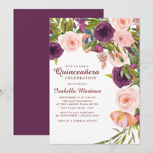 Invitation Elégante Quinceañera rose de Bourgogne (Devant / Derrière)