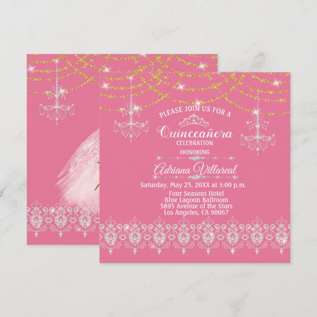 Invitation Elégante Quinceañera rose et or (Devant / Derrière)
