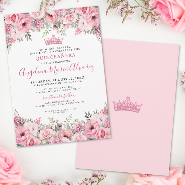Invitation Élégante Quinceanera rose florale (Elegant Floral Pink Quinceanera Invitation)