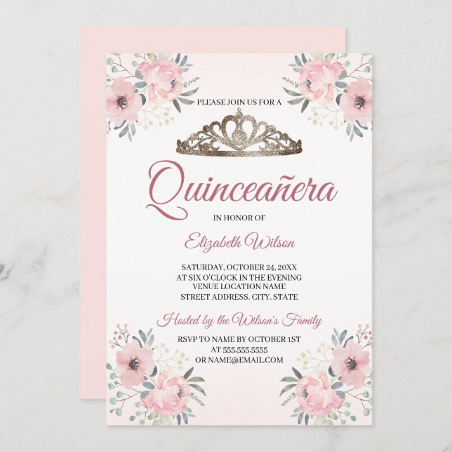 Invitation Élégante Quinceanera rose florale (Devant / Derrière)