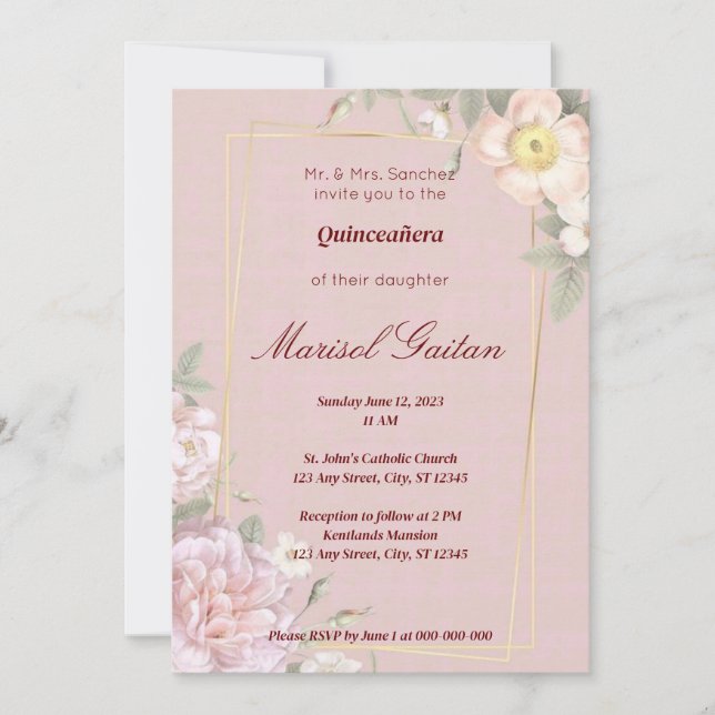 Invitation Elégante Quinceañera rose florale/Faire-part de ma (Devant)
