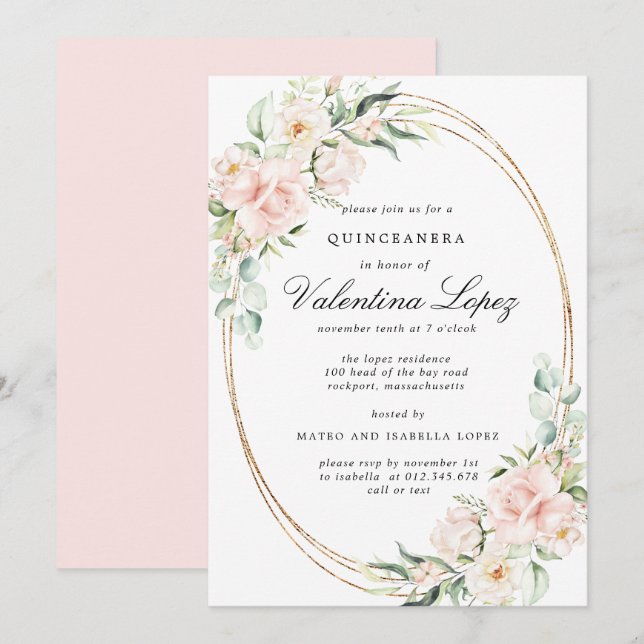 Invitation Élégante Quinceanera rose rose rose rose rose (Devant / Derrière)