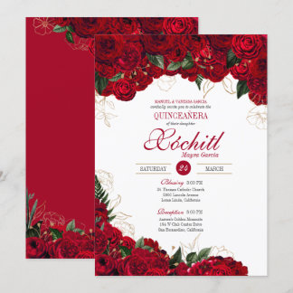 Invitation Elégante Quinceanera - Rose rouge et or Floral